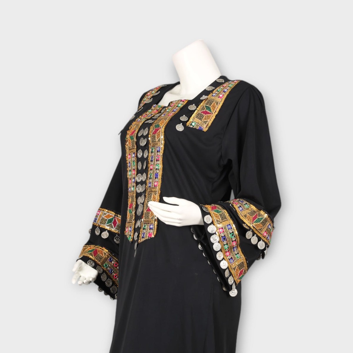 Black Traditional Afghani Dress with Colorful Embroidery and Coin Detailing 1