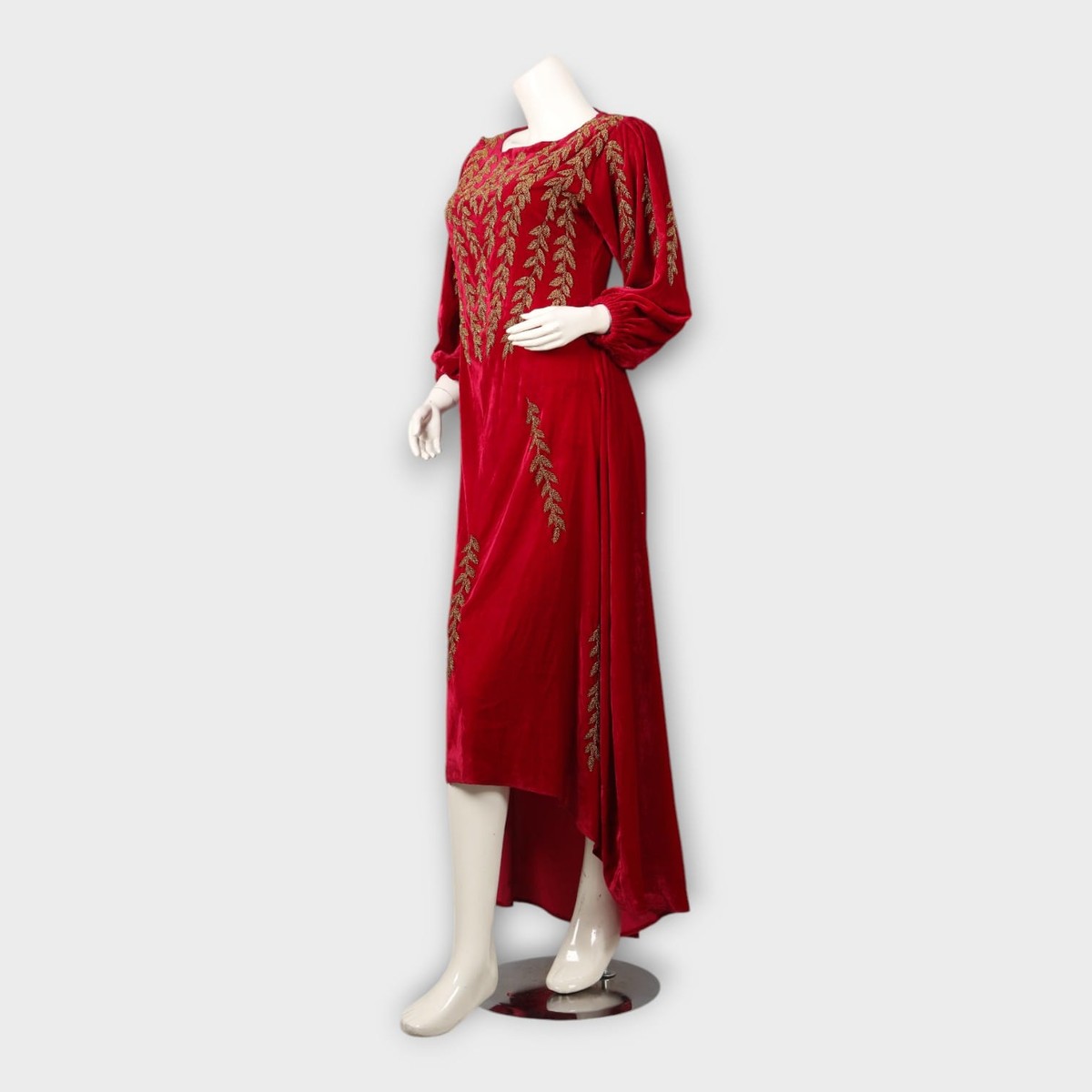 Maroon Afghani Velvet Embroidered Long Dress 4