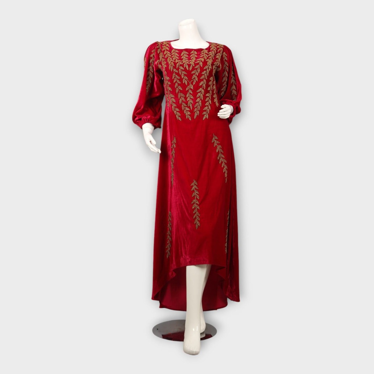 Maroon Afghani Velvet Embroidered Long Dress 3