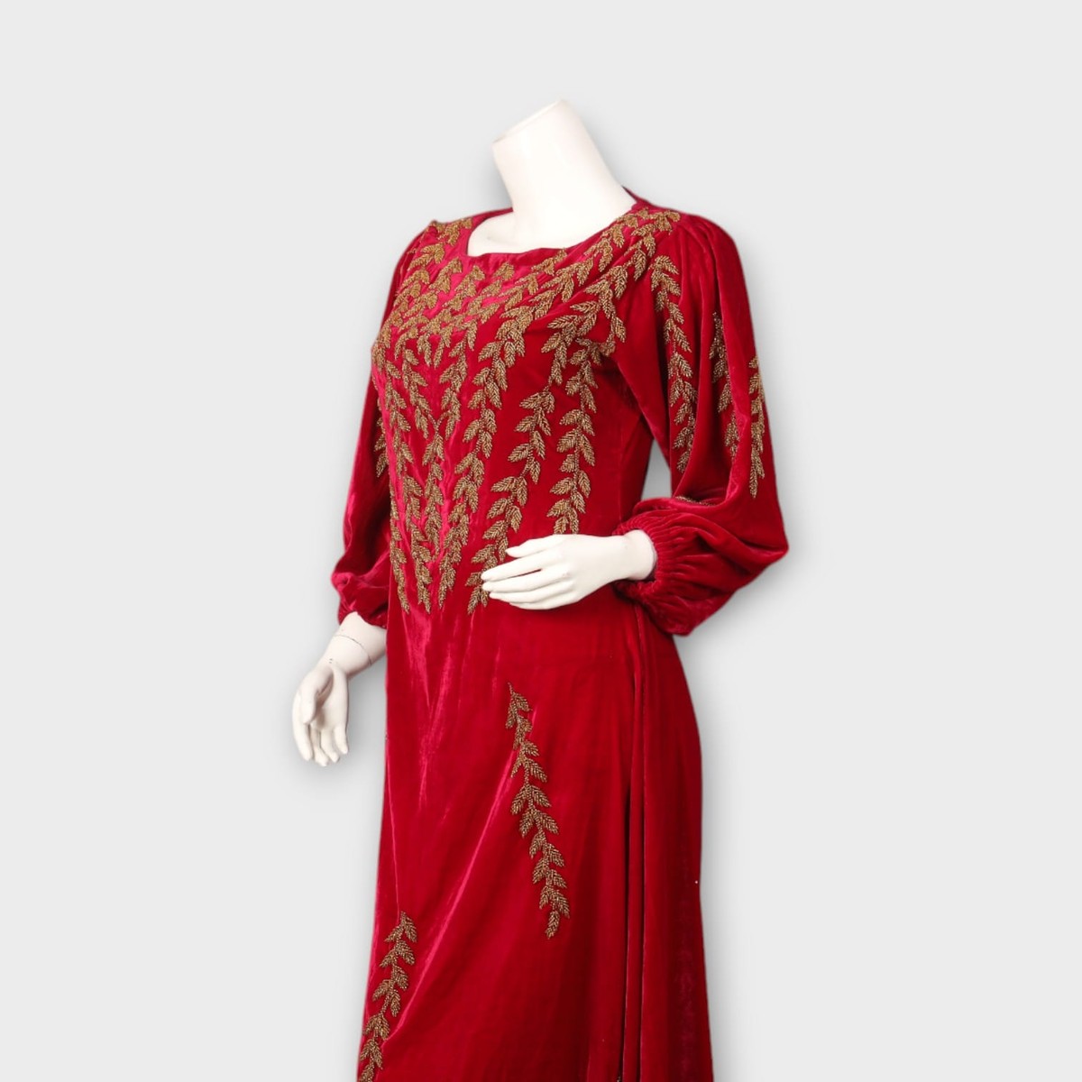 Maroon Afghani Velvet Embroidered Long Dress 5