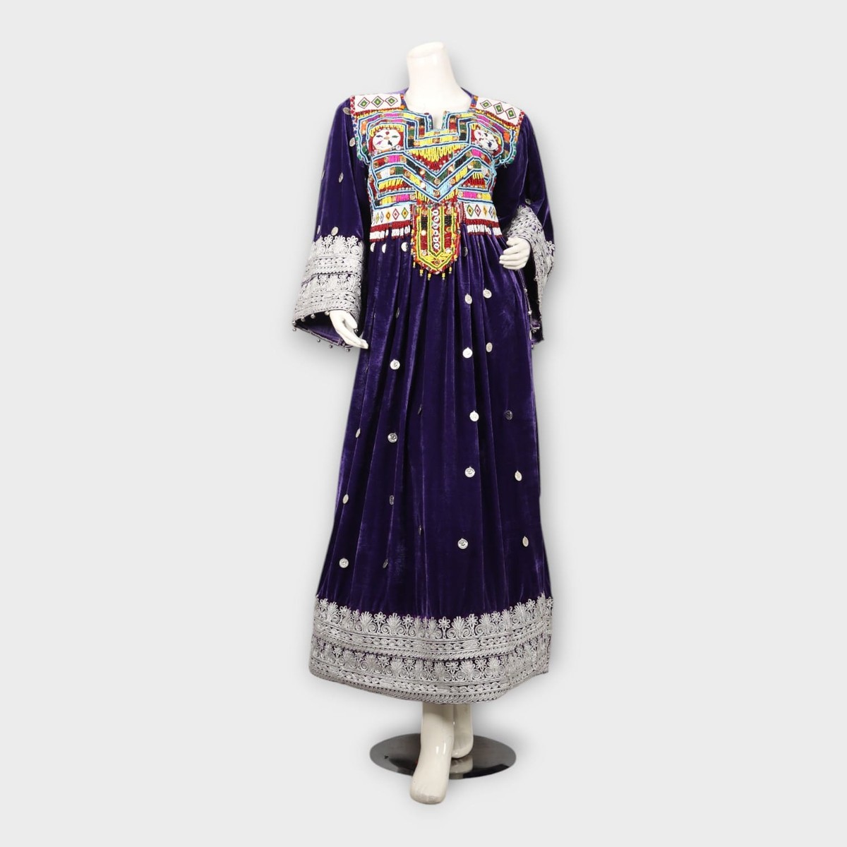 Royal Purple Afghani Velvet Dress with Embroidery and Silver Detailing 5