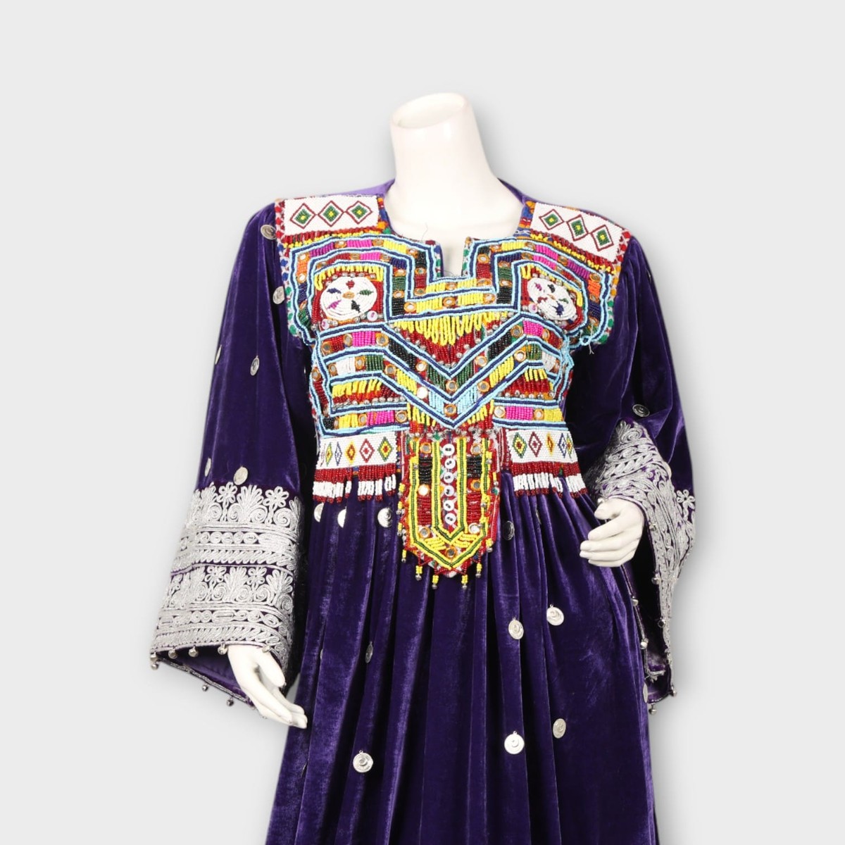 Royal Purple Afghani Velvet Dress with Embroidery and Silver Detailing 1
