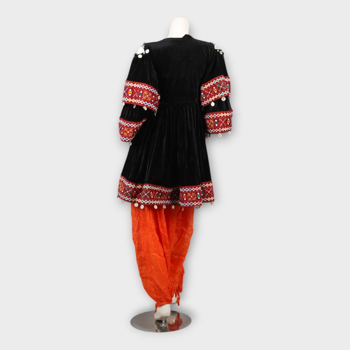 Black Velvet Afghani Dress with Red Embroidered Sleeves and Orange Salwar 6