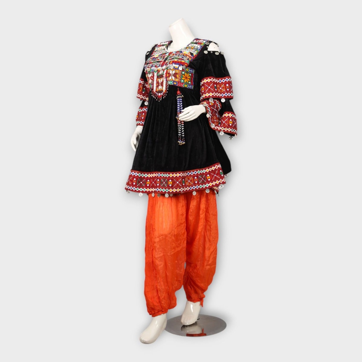 Black Velvet Afghani Dress with Red Embroidered Sleeves and Orange Salwar 2