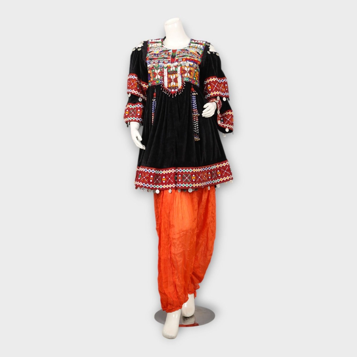 Black Velvet Afghani Dress with Red Embroidered Sleeves and Orange Salwar 4