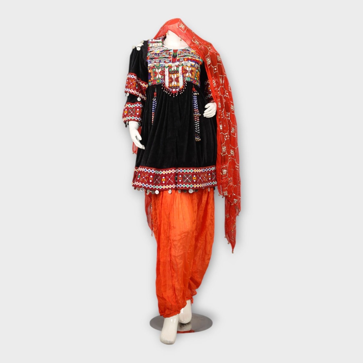 Black Velvet Afghani Dress with Red Embroidered Sleeves and Orange Salwar 5