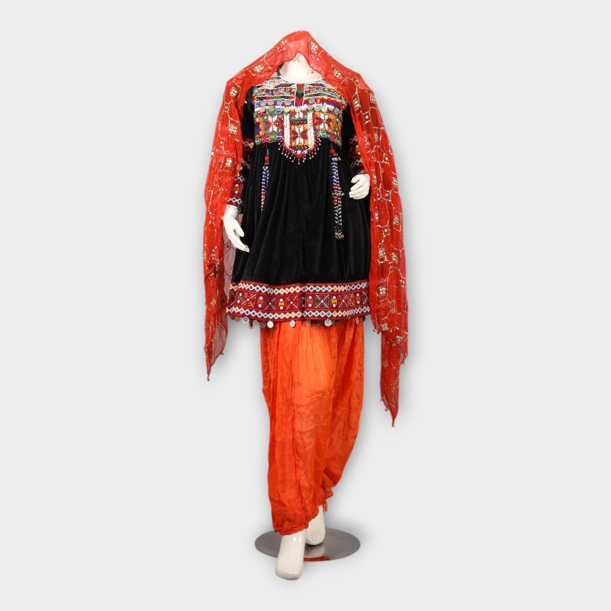 Black Velvet Afghani Dress with Red Embroidered Sleeves and Orange Salwar 7
