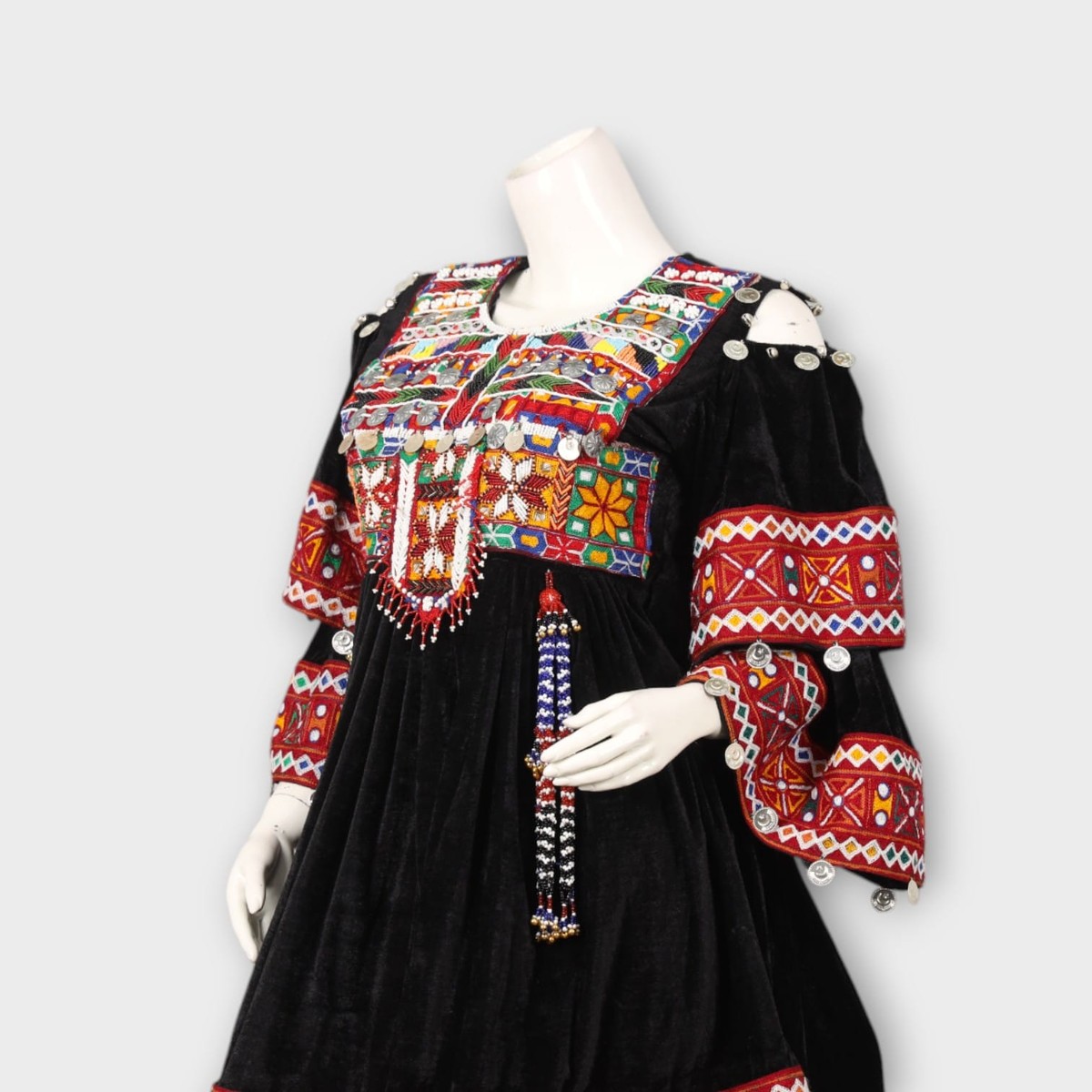 Black Velvet Afghani Dress with Red Embroidered Sleeves and Orange Salwar 3