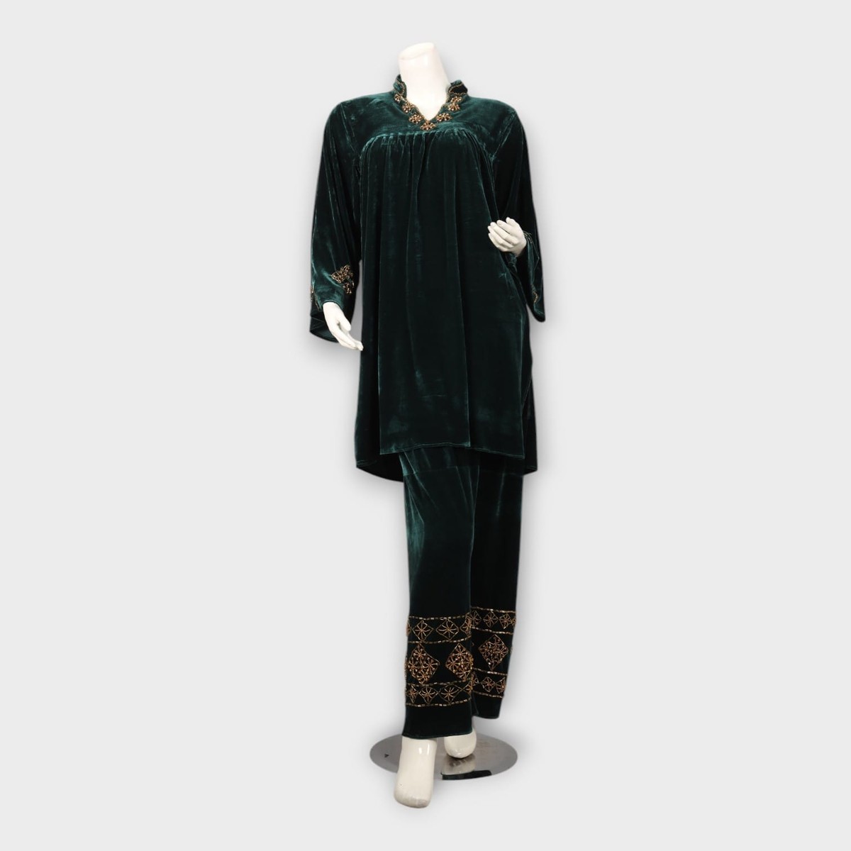 Emerald Velvet Afghani Embroidered Two-Piece Set 5