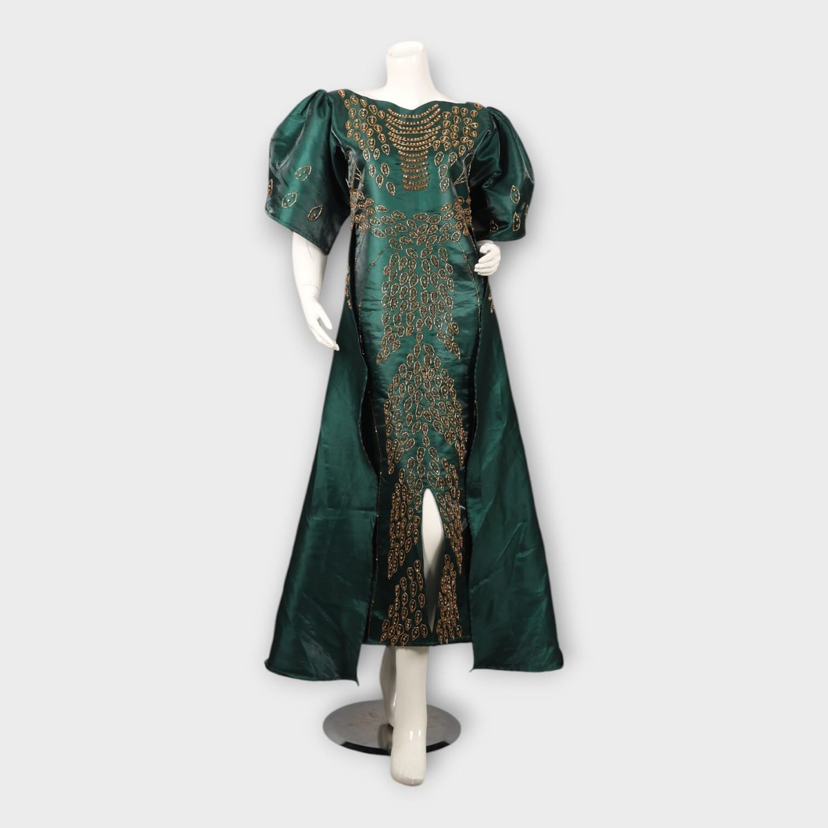 Emerald Green Satin Gown | Hand-Embroidered Dress 1