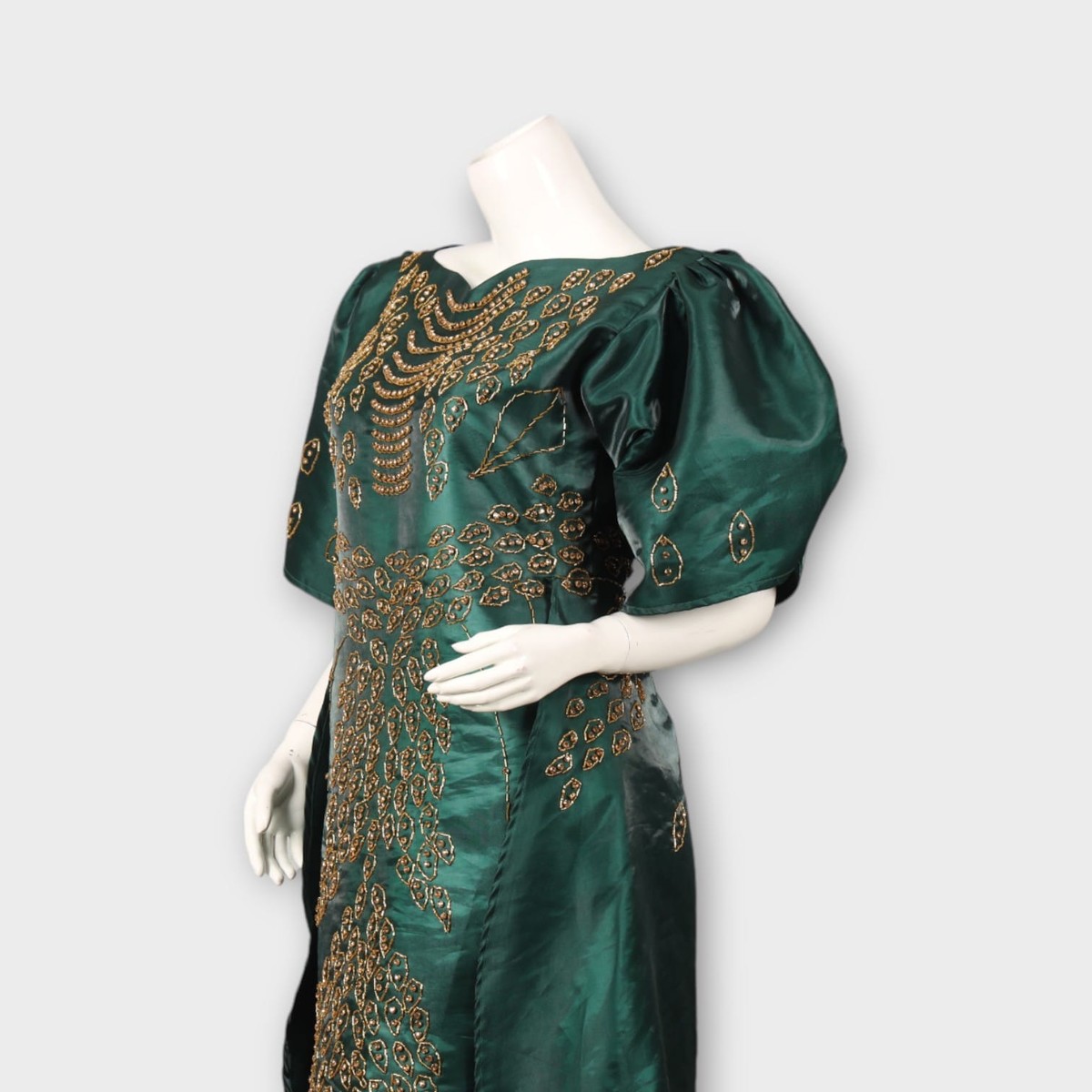Emerald Green Satin Gown | Hand-Embroidered Dress 4