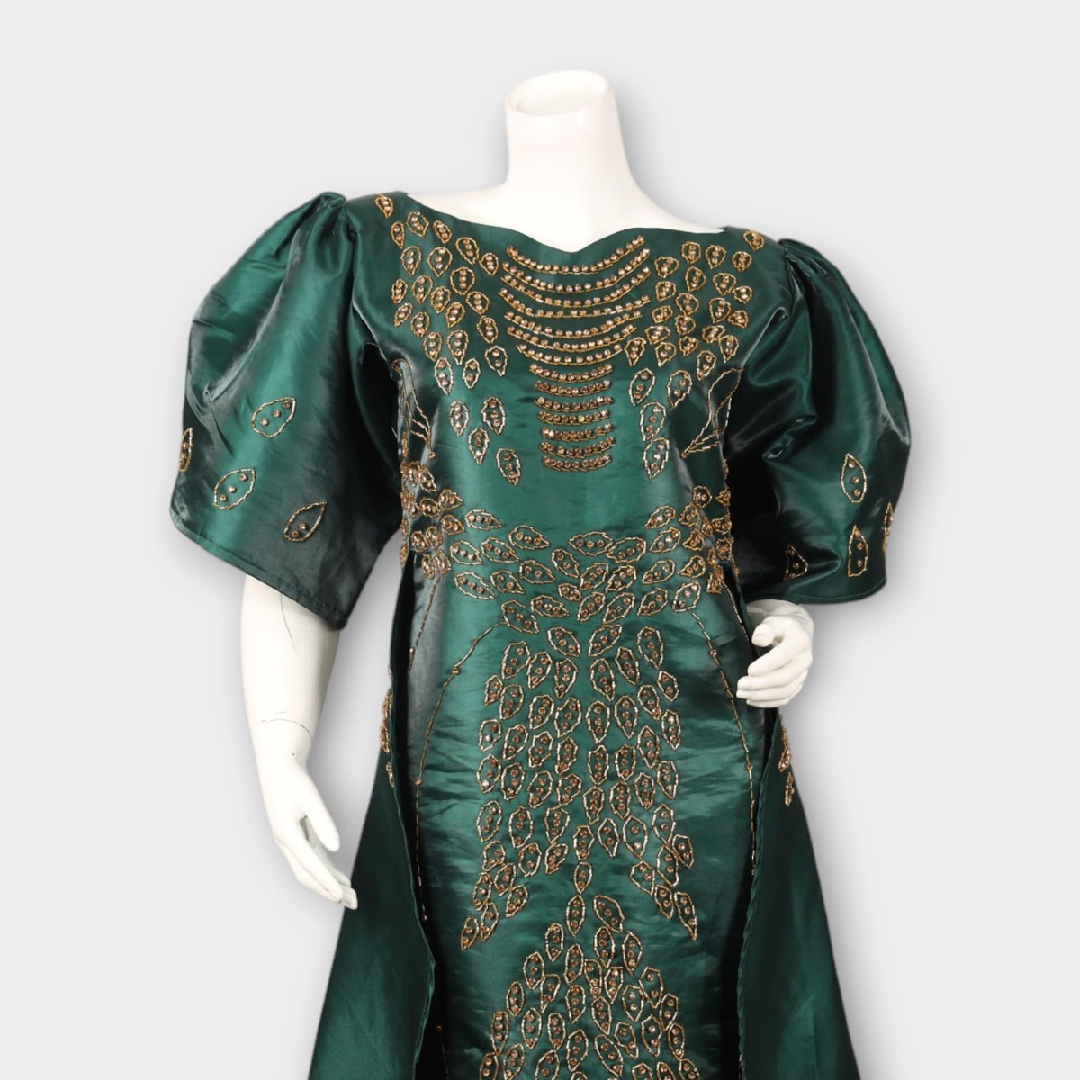 Emerald Green Satin Gown | Hand-Embroidered Dress 2