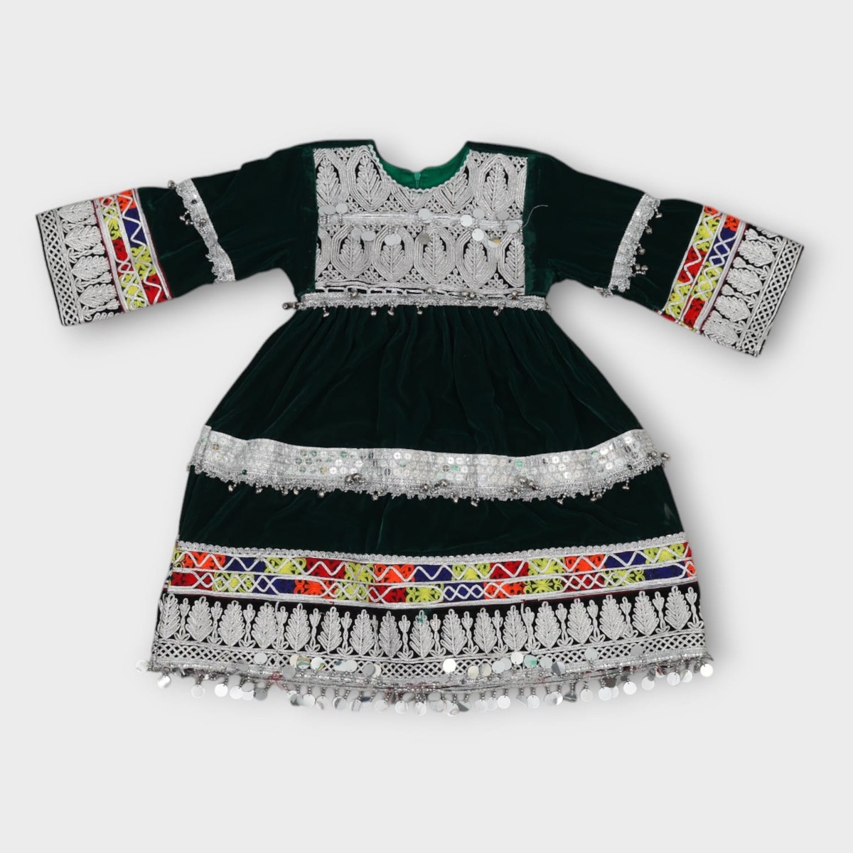 Green Velvet Afghani Baby Dress with Traditional Embroidery 3