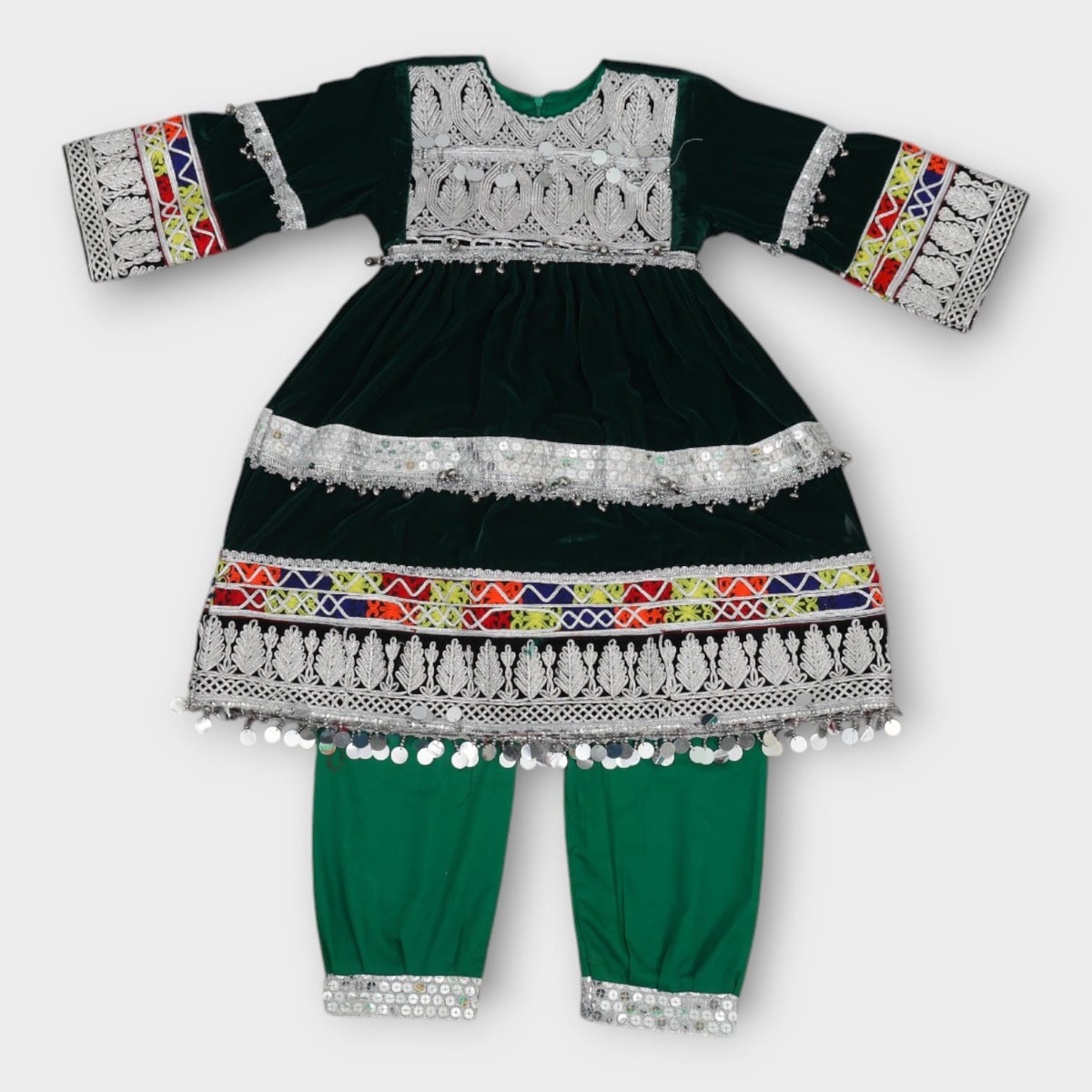 Green Velvet Afghani Baby Dress with Traditional Embroidery 1