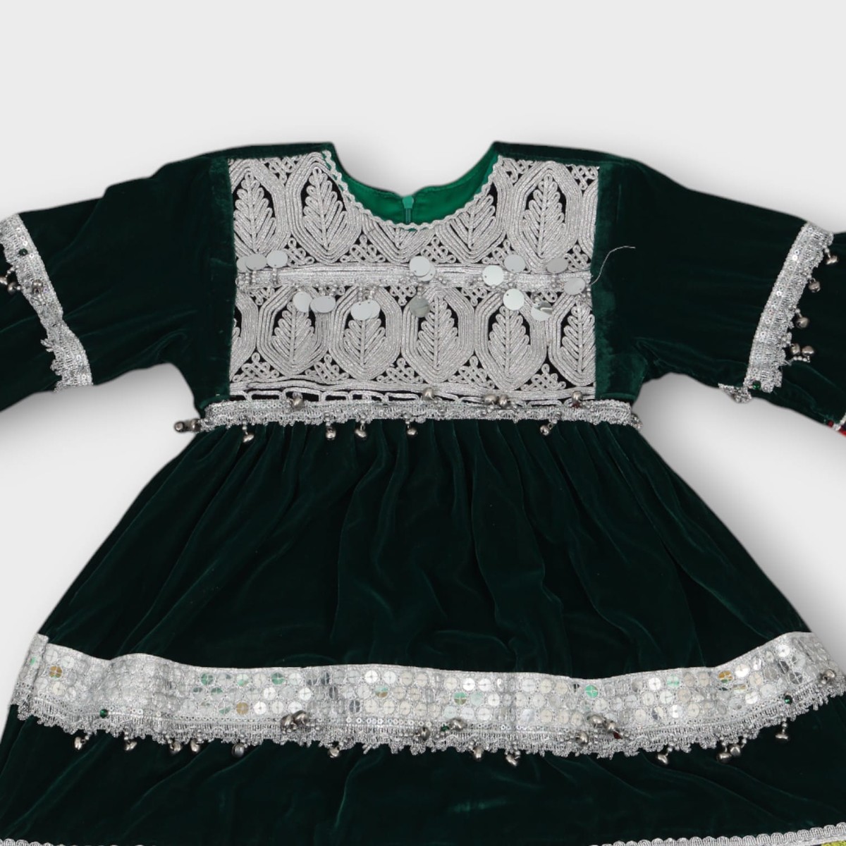 Green Velvet Afghani Baby Dress with Traditional Embroidery 4