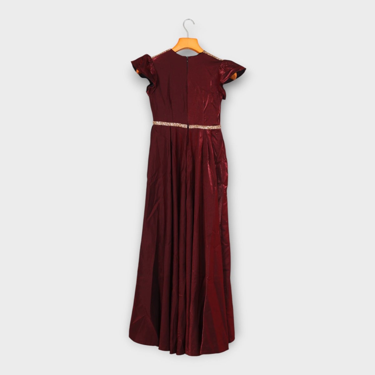 Maroon Satin Evening Gown with Ruffle Sleeves 3