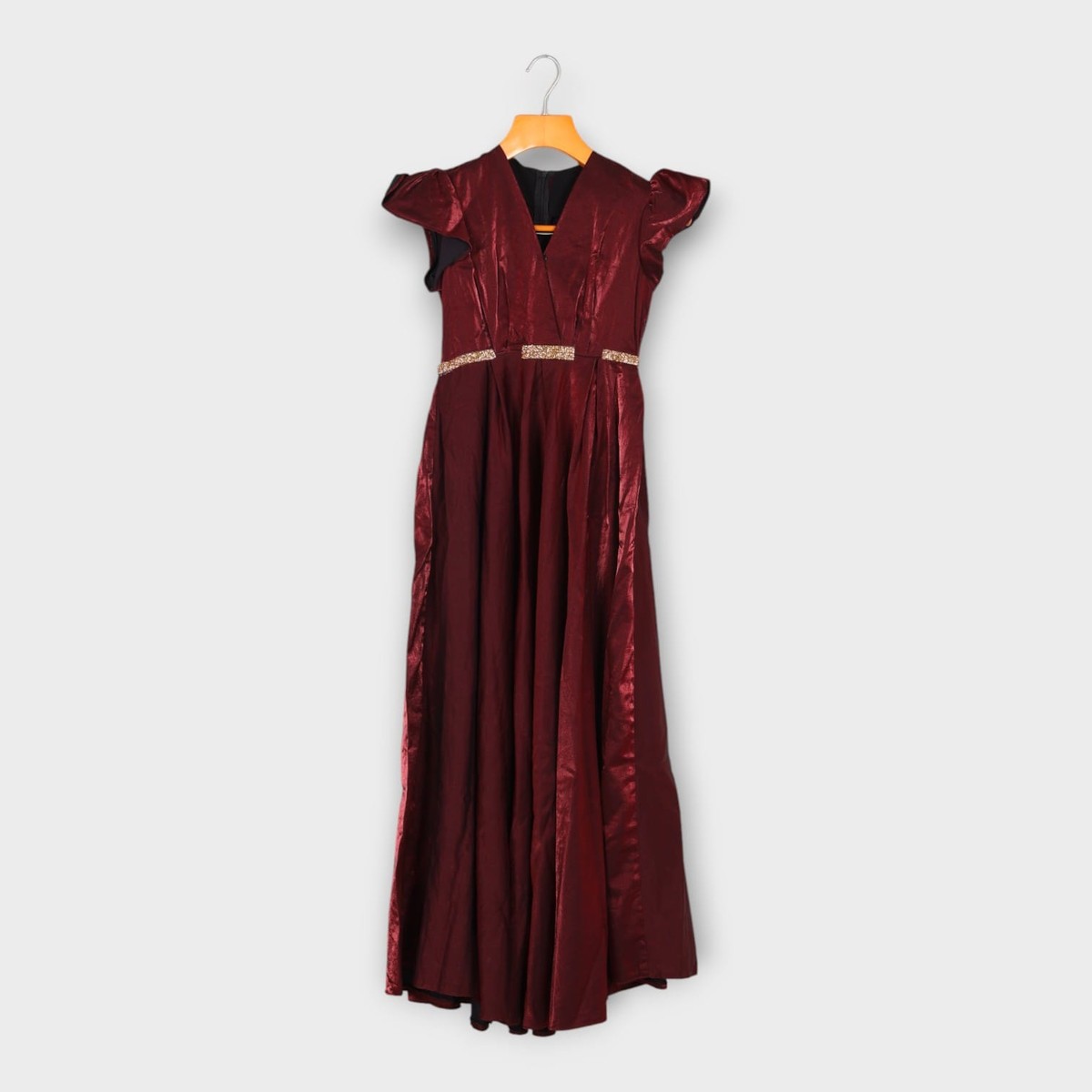 Maroon Satin Evening Gown with Ruffle Sleeves 1