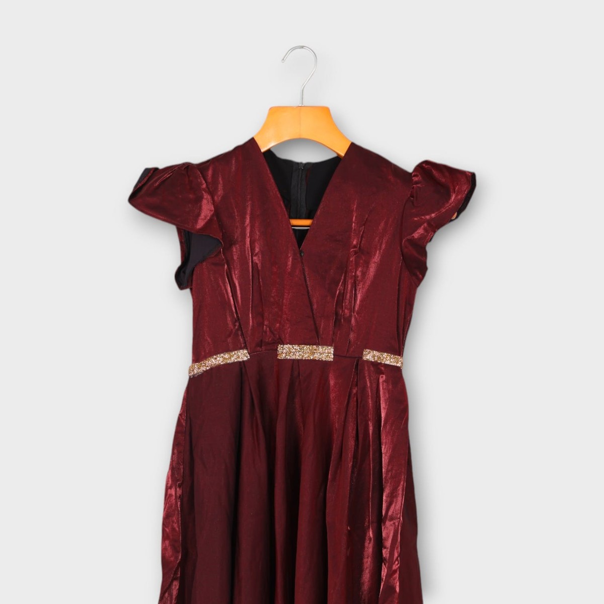 Maroon Satin Evening Gown with Ruffle Sleeves 2