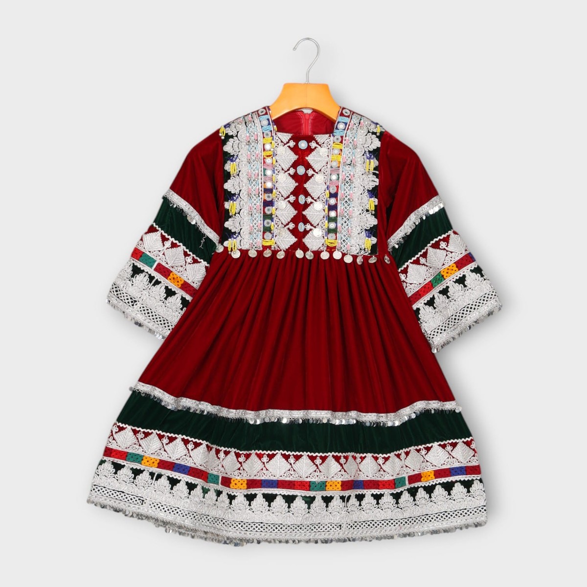 Maroon Traditional Afghani Baby Dress with Embroidery and Mirror Work | Aseel Maroon Traditional Afghani Baby Dress with Embroidery and Mirror Work | Aseel