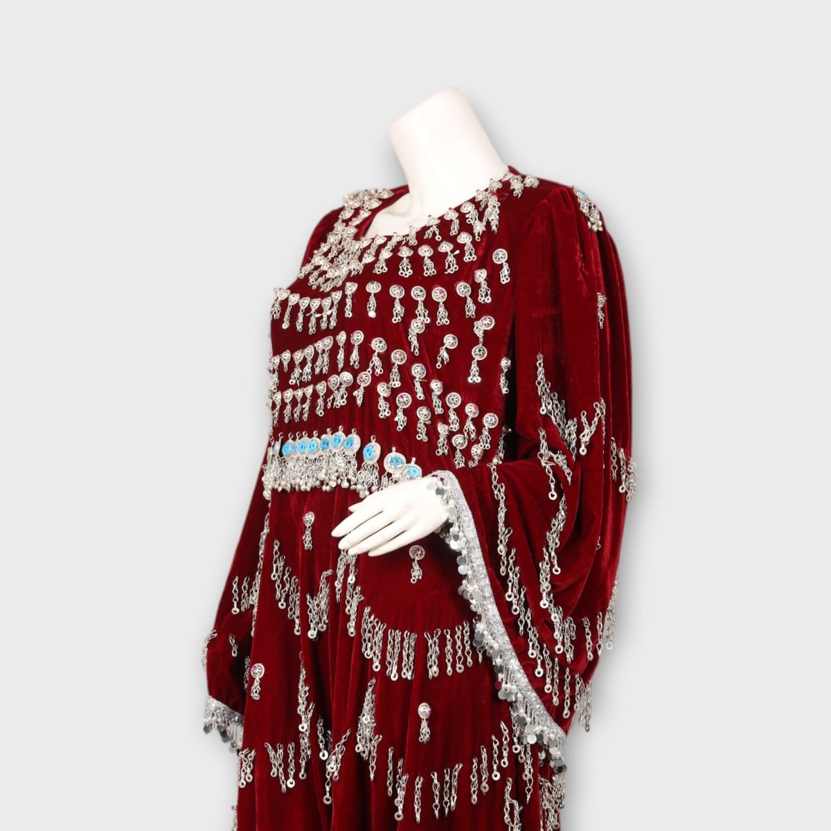 Embroidered Velvet Afghani Dress – Maroon Elegance 1