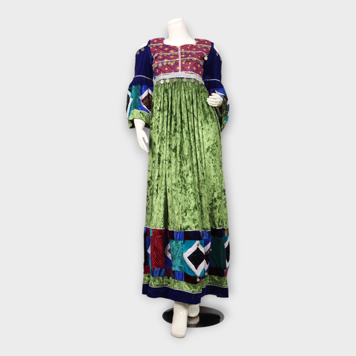 Multicolor Patchwork Traditional Afghani Dress – Velvet Green 5