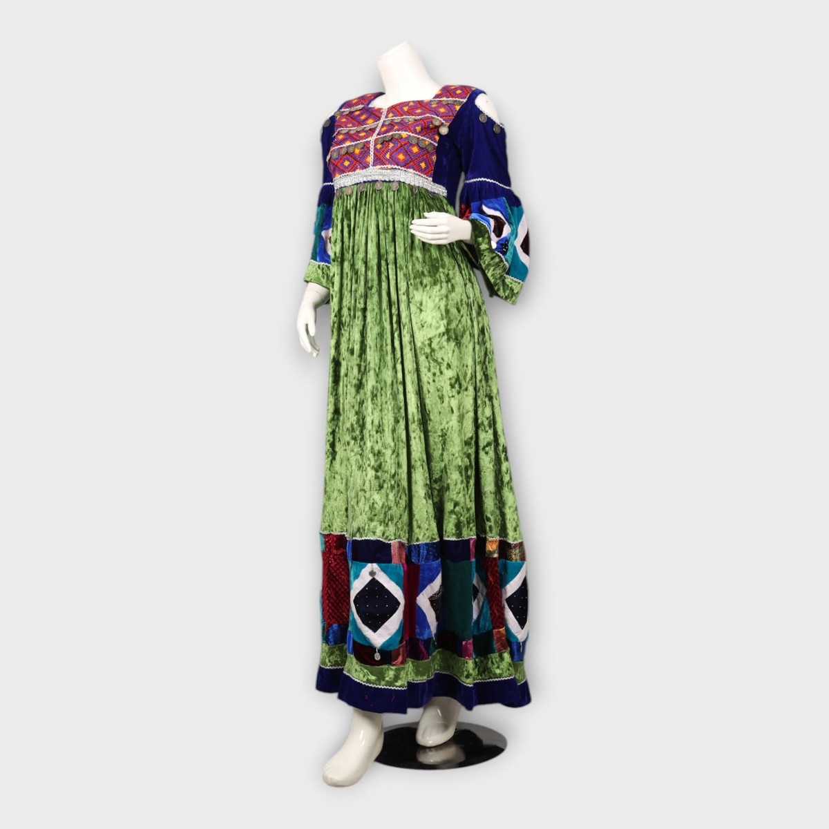 Multicolor Patchwork Traditional Afghani Dress – Velvet Green 3