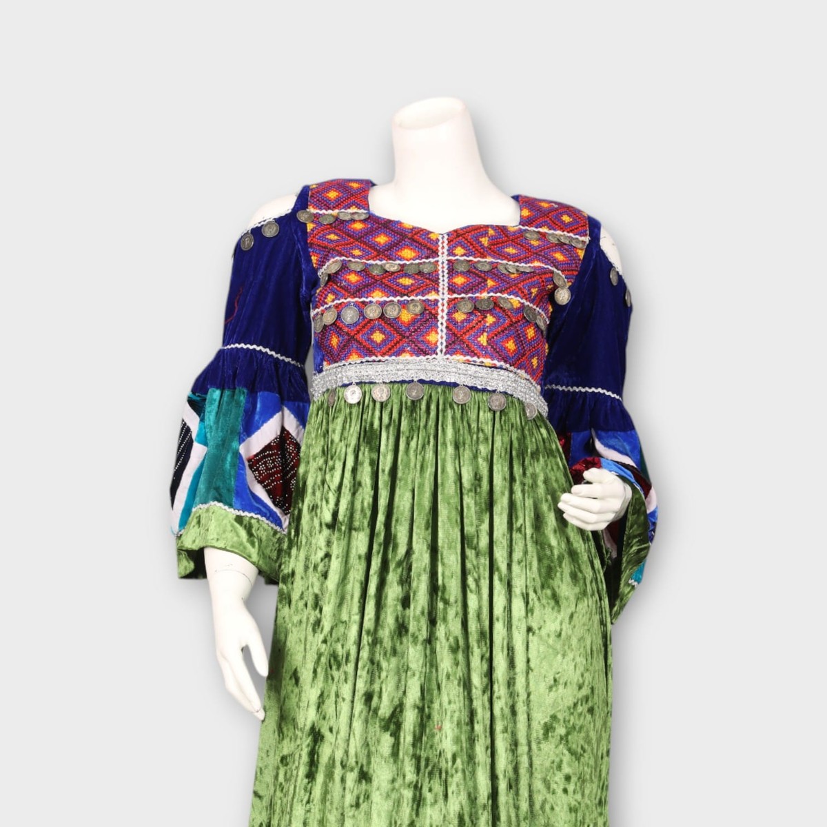 Multicolor Patchwork Traditional Afghani Dress – Velvet Green 4