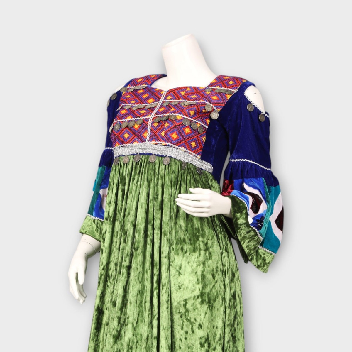 Multicolor Patchwork Traditional Afghani Dress – Velvet Green 2