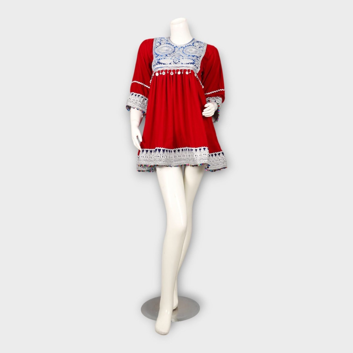 Short Red Afghani Tunic Dress with White Embroidery 5