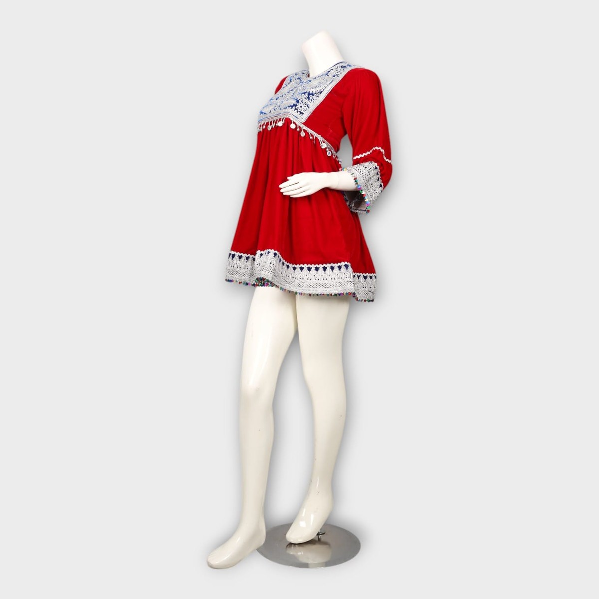 Short Red Afghani Tunic Dress with White Embroidery 1