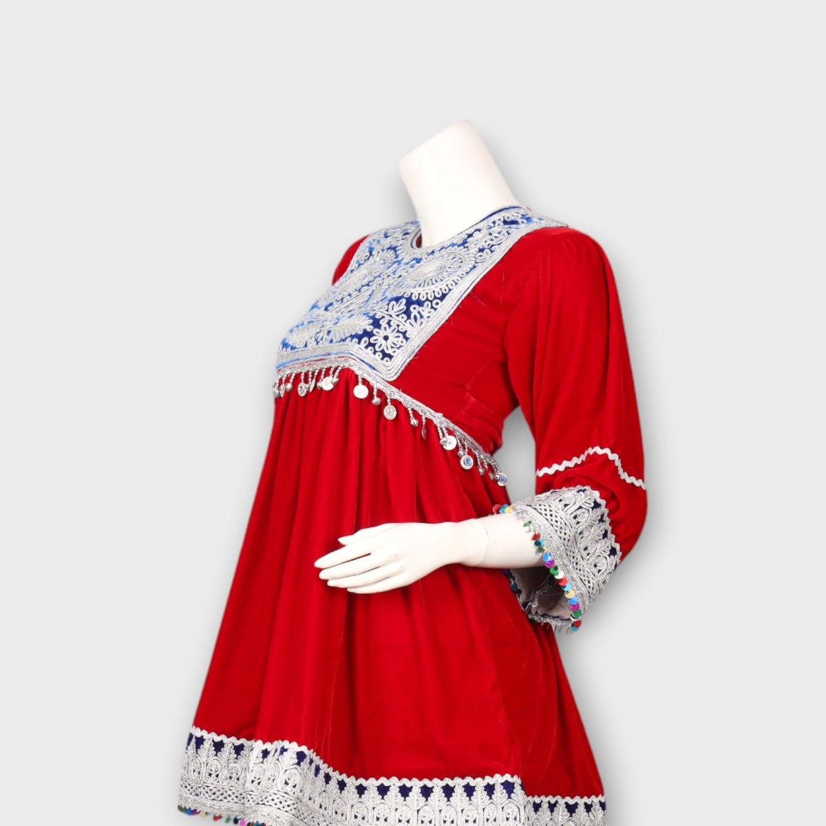 Short Red Afghani Tunic Dress with White Embroidery 4
