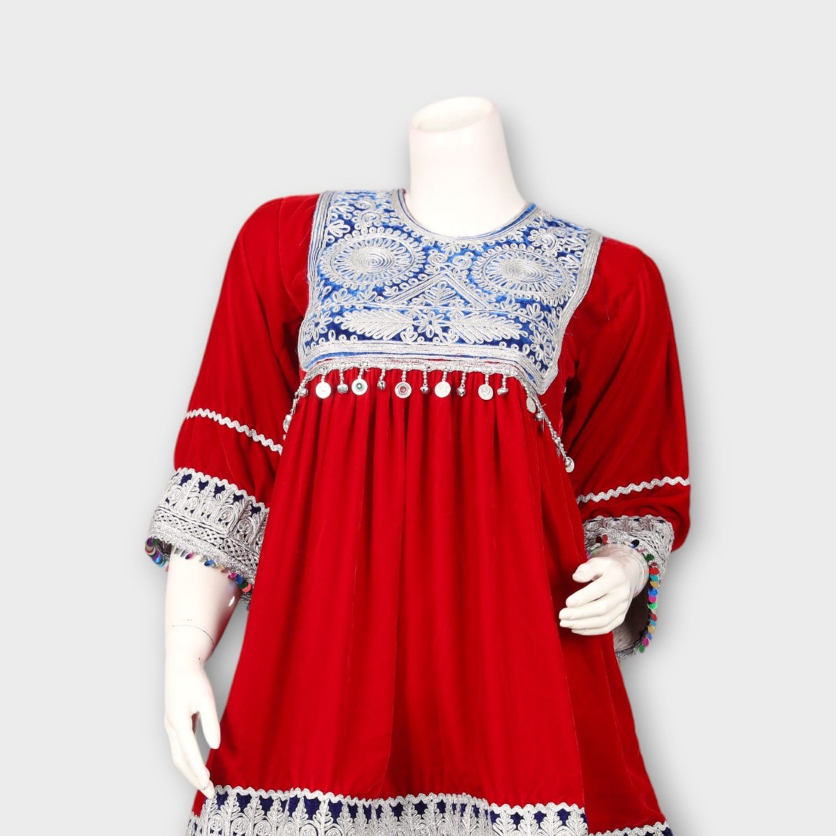 Short Red Afghani Tunic Dress with White Embroidery 3