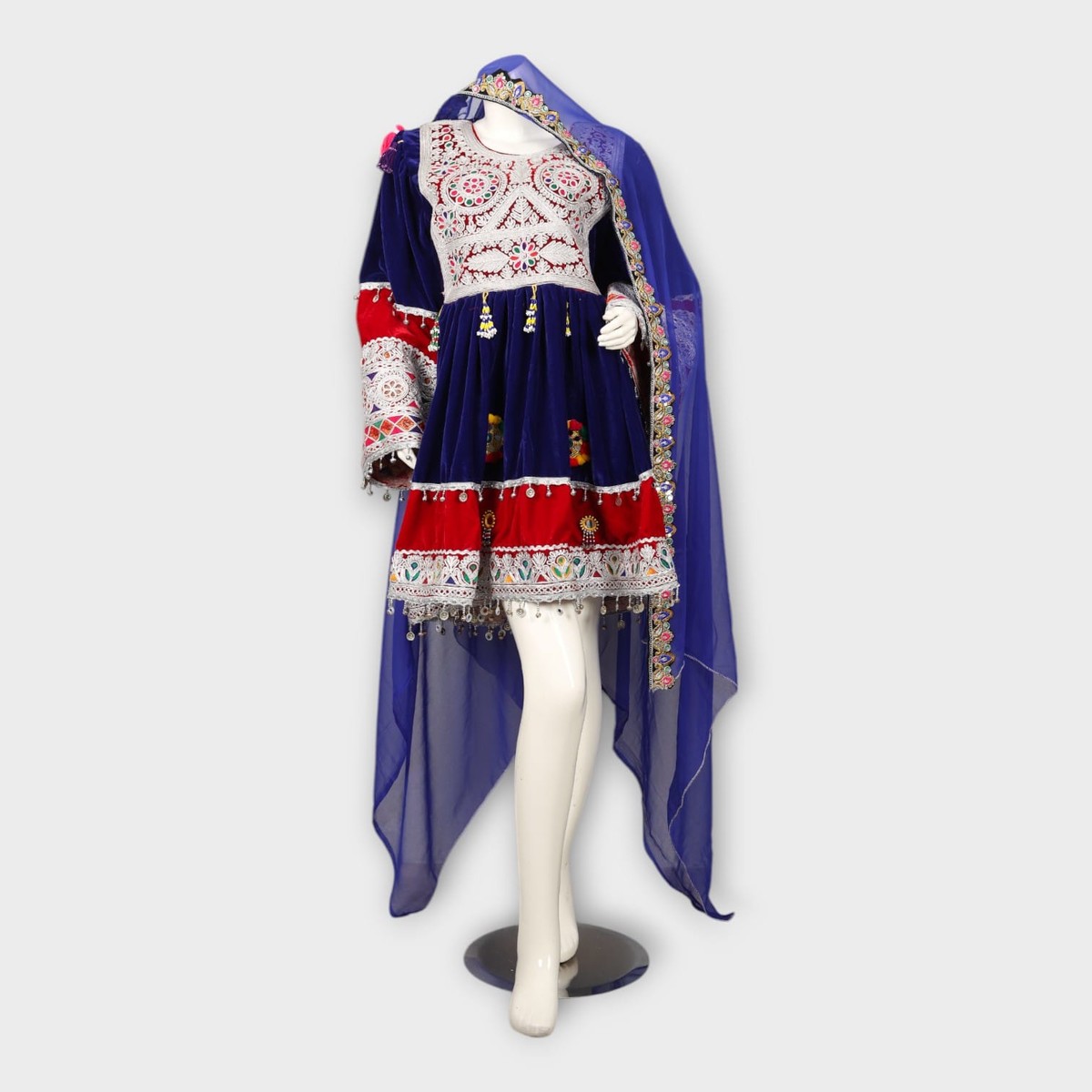 Navy & Red Velvet Afghani Dress with Duppatia 7