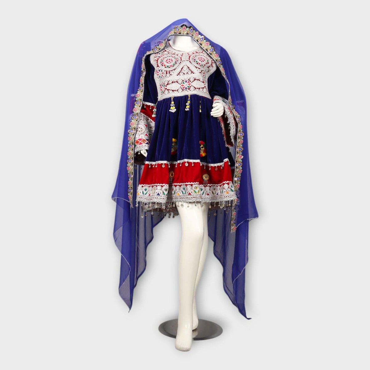 Navy & Red Velvet Afghani Dress with Duppatia 3