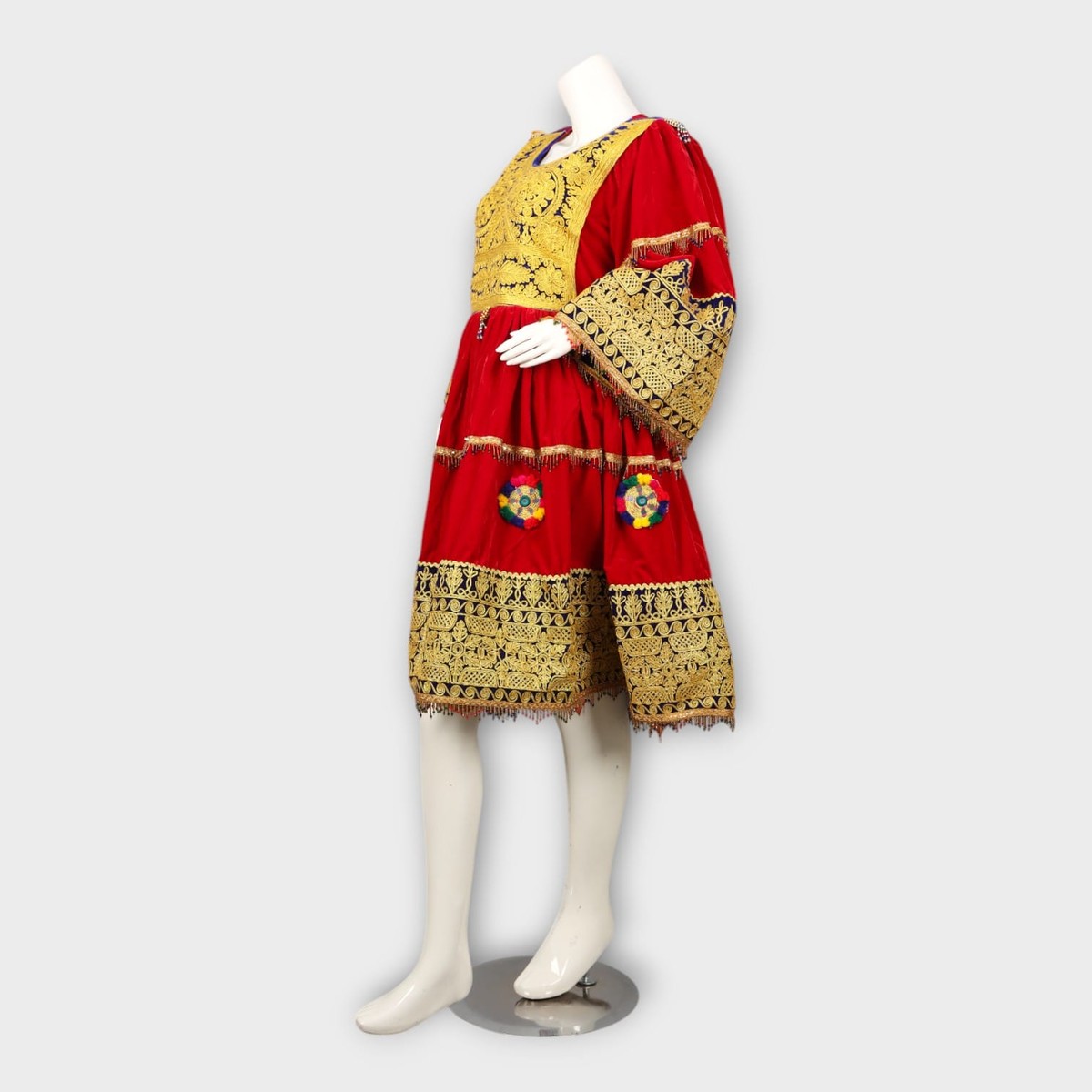 Red Afghani Dress with Golden Embroidery and Royal Blue Dupatta 6