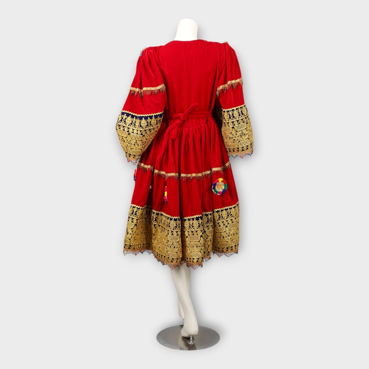 Red Afghani Dress with Golden Embroidery and Royal Blue Dupatta 5