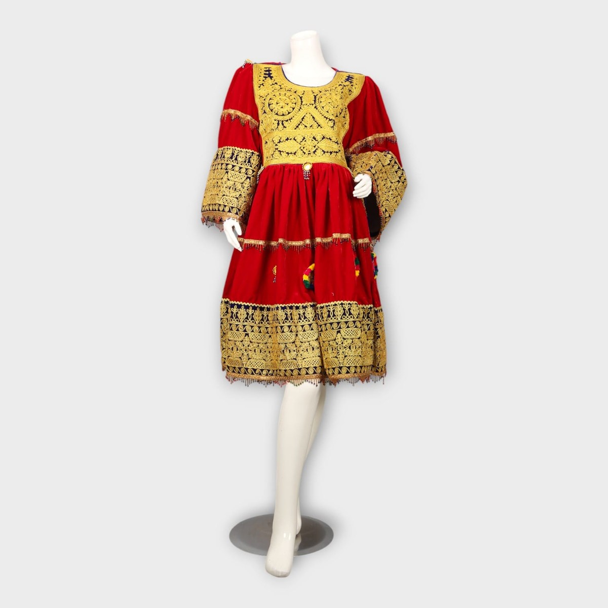 Red Afghani Dress with Golden Embroidery and Royal Blue Dupatta 3
