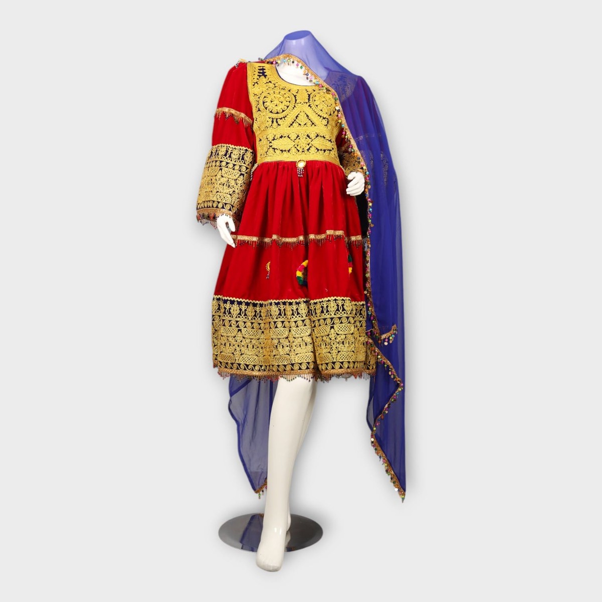 Red Afghani Dress with Golden Embroidery and Royal Blue Dupatta 2