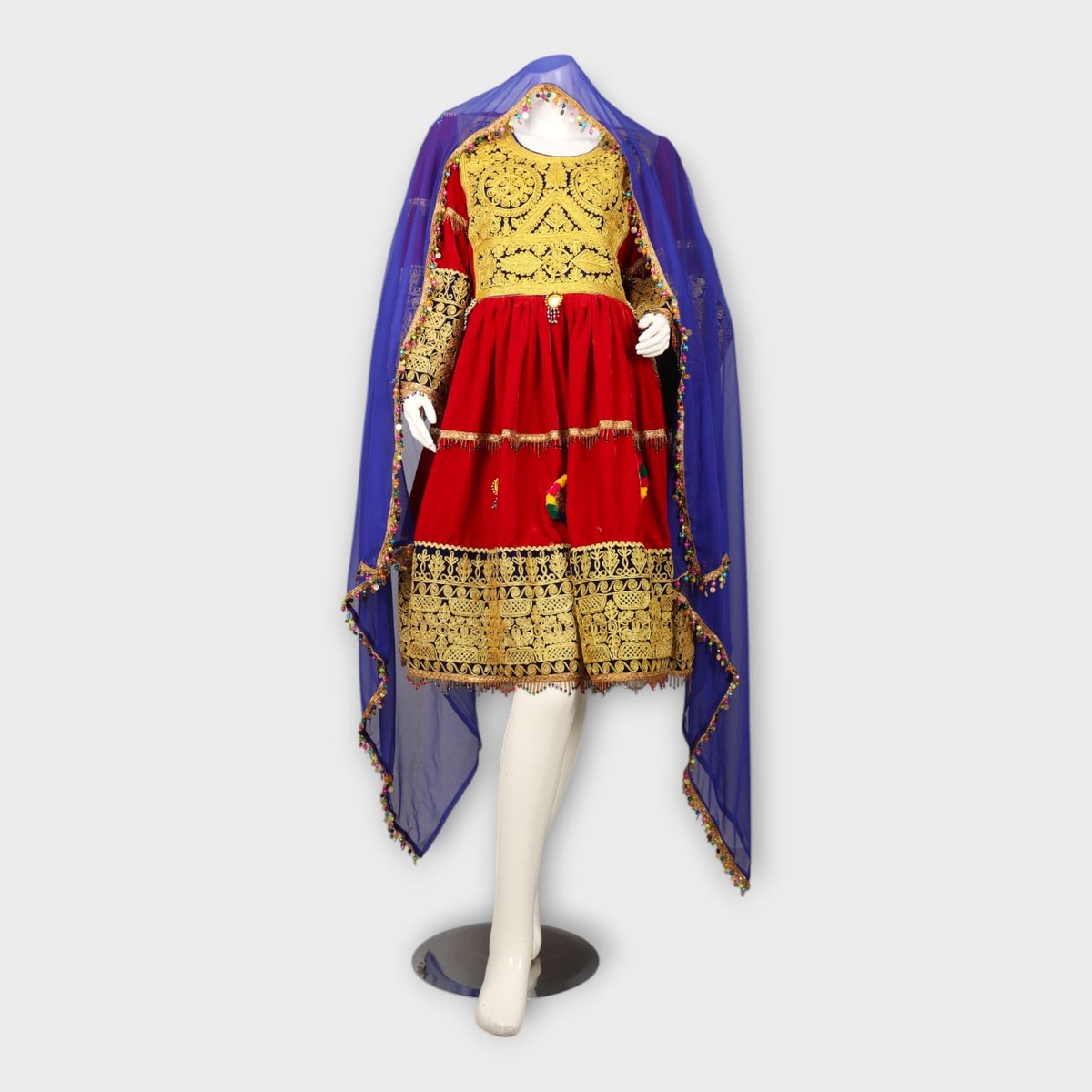 Red Afghani Dress with Golden Embroidery and Royal Blue Dupatta 1