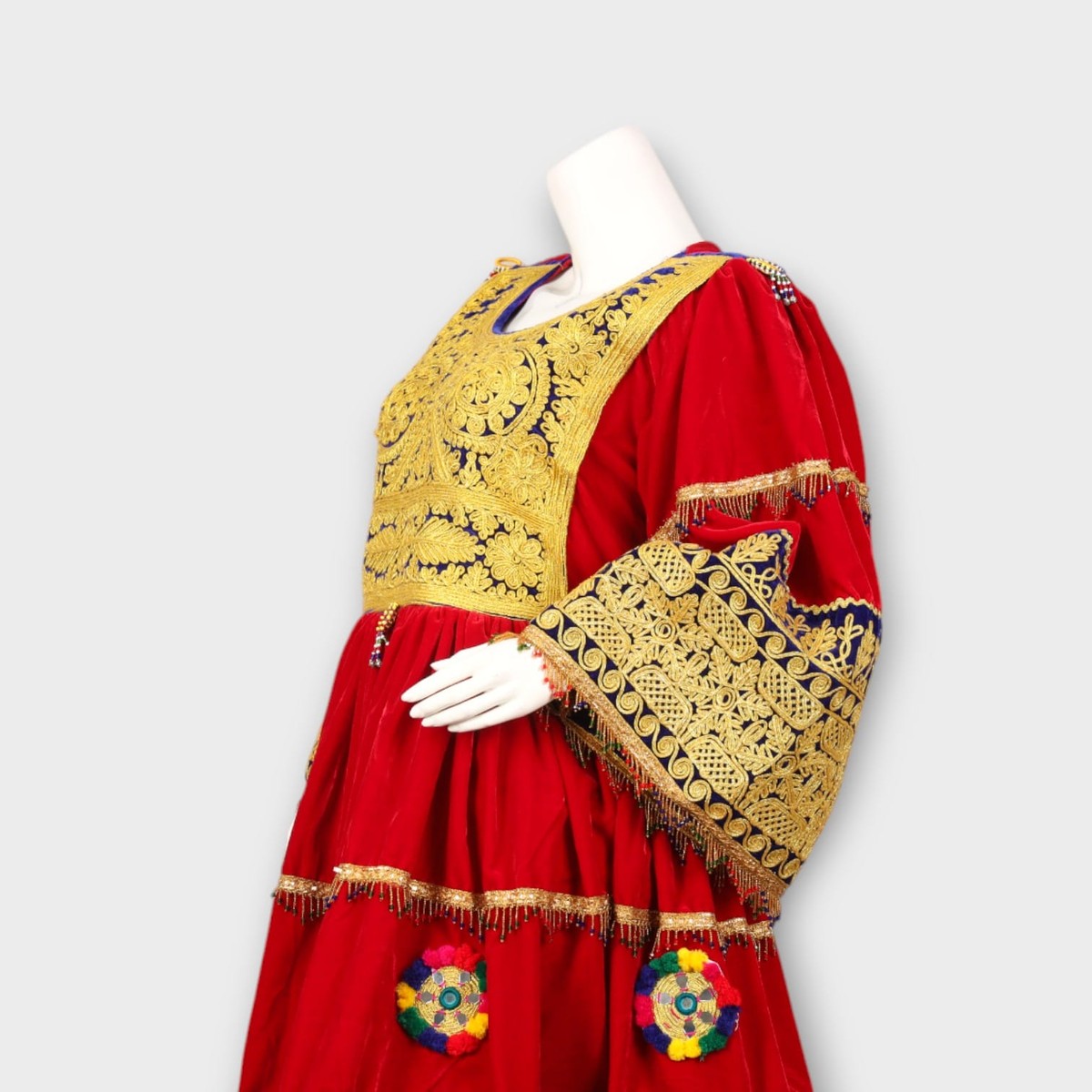 Red Afghani Dress with Golden Embroidery and Royal Blue Dupatta 4