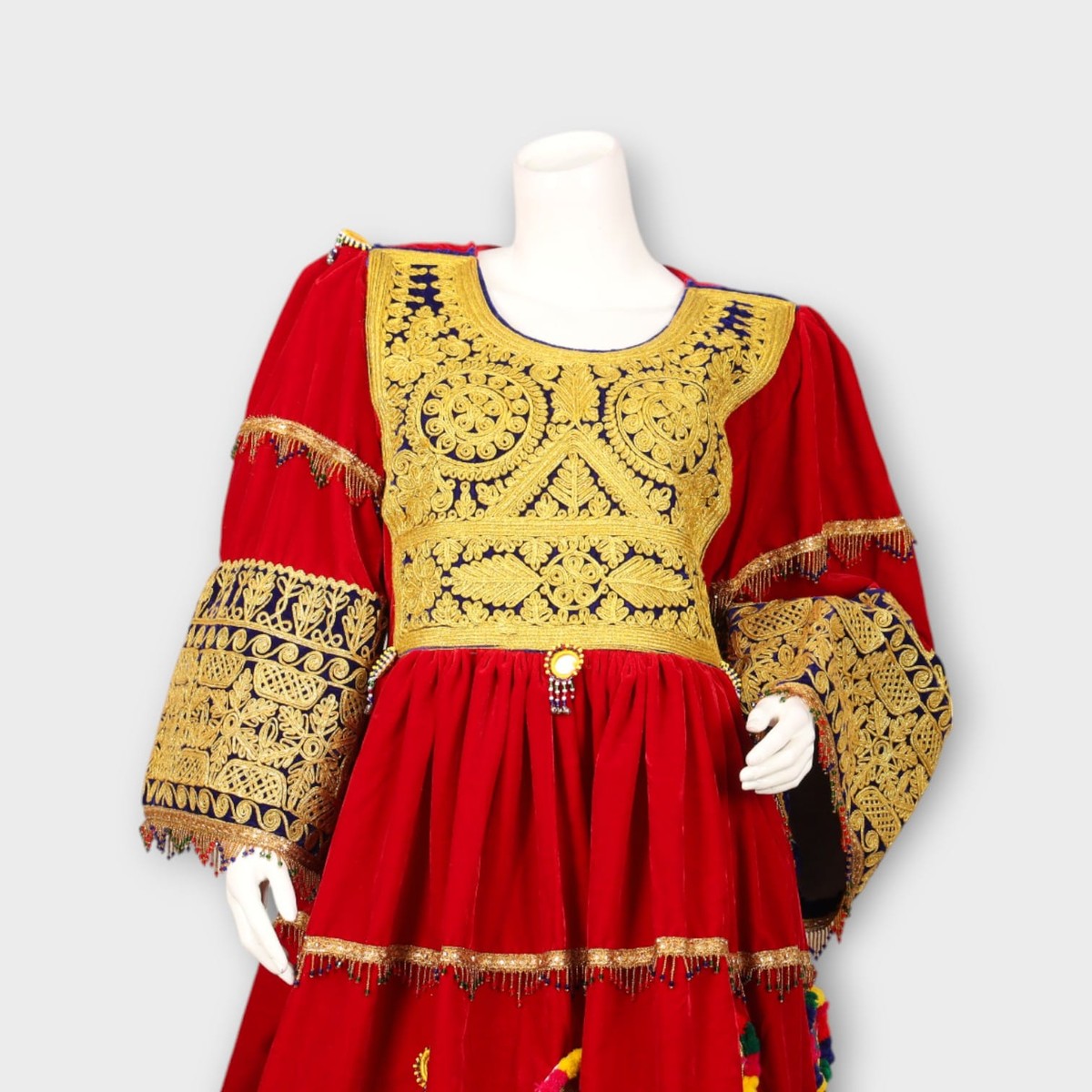 Red Afghani Dress with Golden Embroidery and Royal Blue Dupatta 7