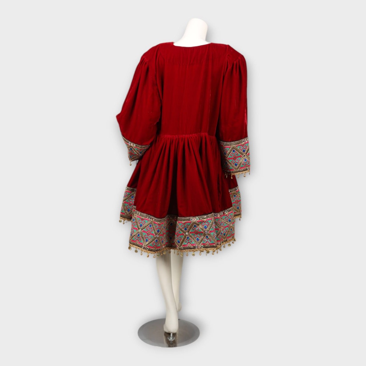 Red Velvet Afghani Dress with Colorful Geometric Embroidery and Pink Dupatta 1
