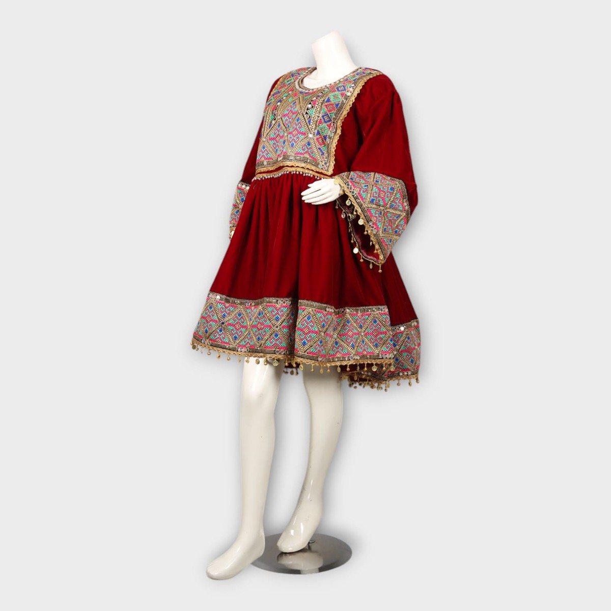 Red Velvet Afghani Dress with Colorful Geometric Embroidery and Pink Dupatta 5