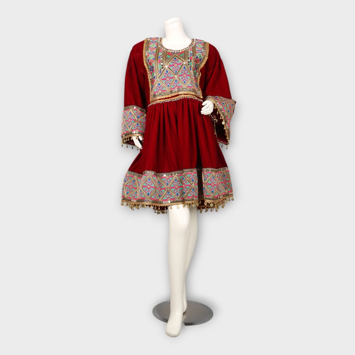 Red Velvet Afghani Dress with Colorful Geometric Embroidery and Pink Dupatta 2