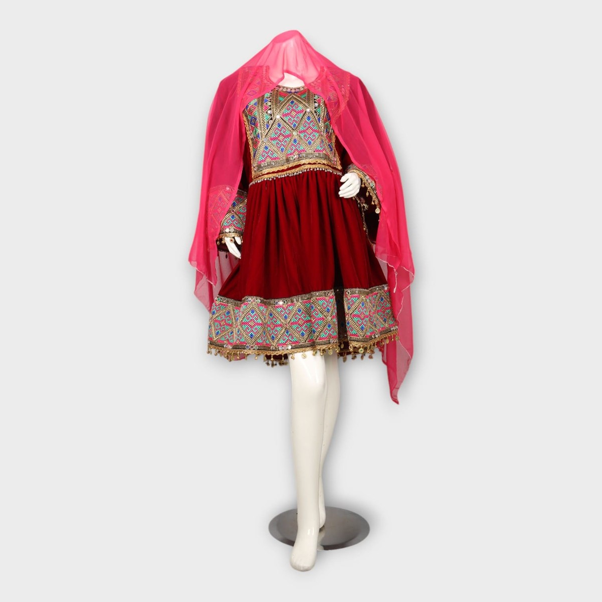 Red Velvet Afghani Dress with Colorful Geometric Embroidery and Pink Dupatta 4