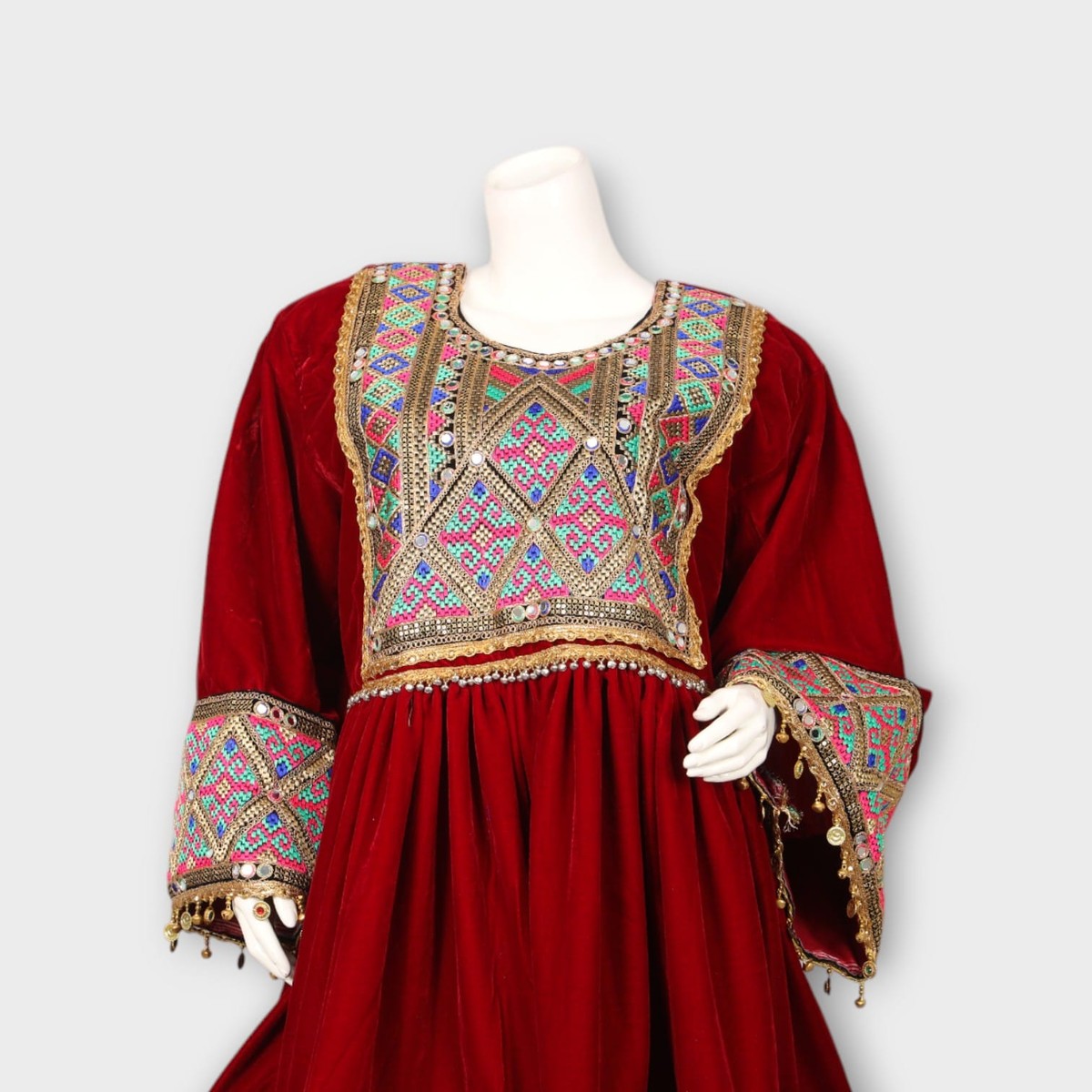 Red Velvet Afghani Dress with Colorful Geometric Embroidery and Pink Dupatta 3