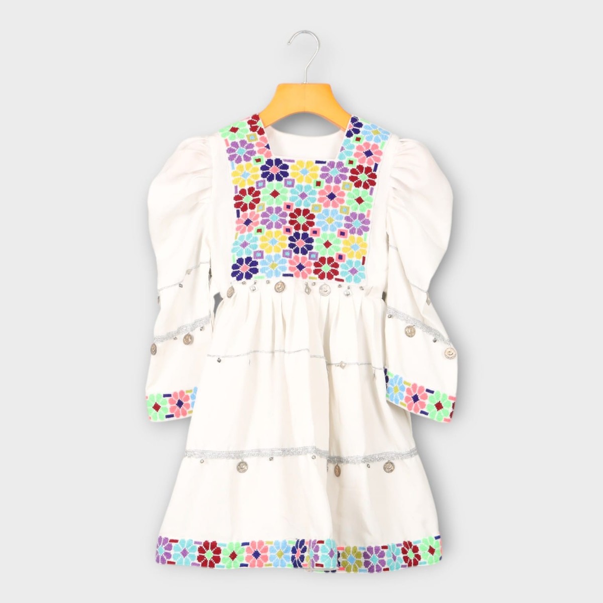 White Afghani Kids Dress with Colorful Embroidery and Blue Dupatta 3
