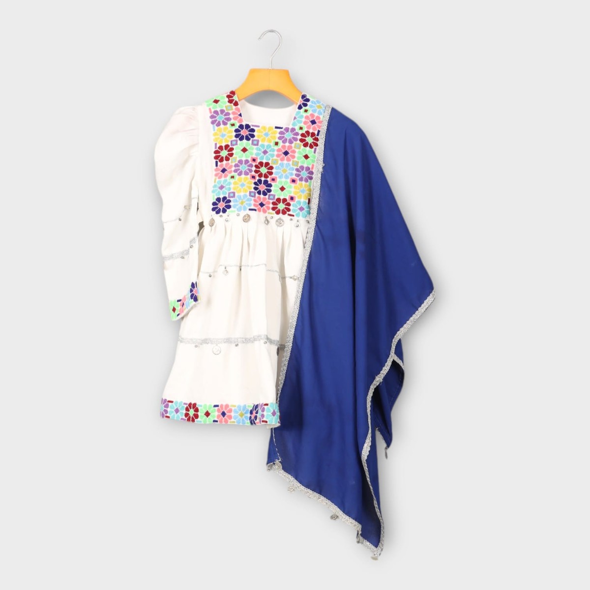 White Afghani Kids Dress with Colorful Embroidery and Blue Dupatta 4