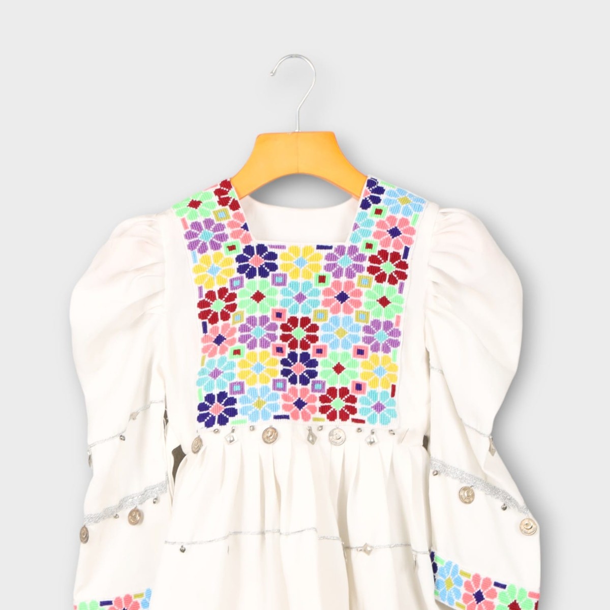White Afghani Kids Dress with Colorful Embroidery and Blue Dupatta 1