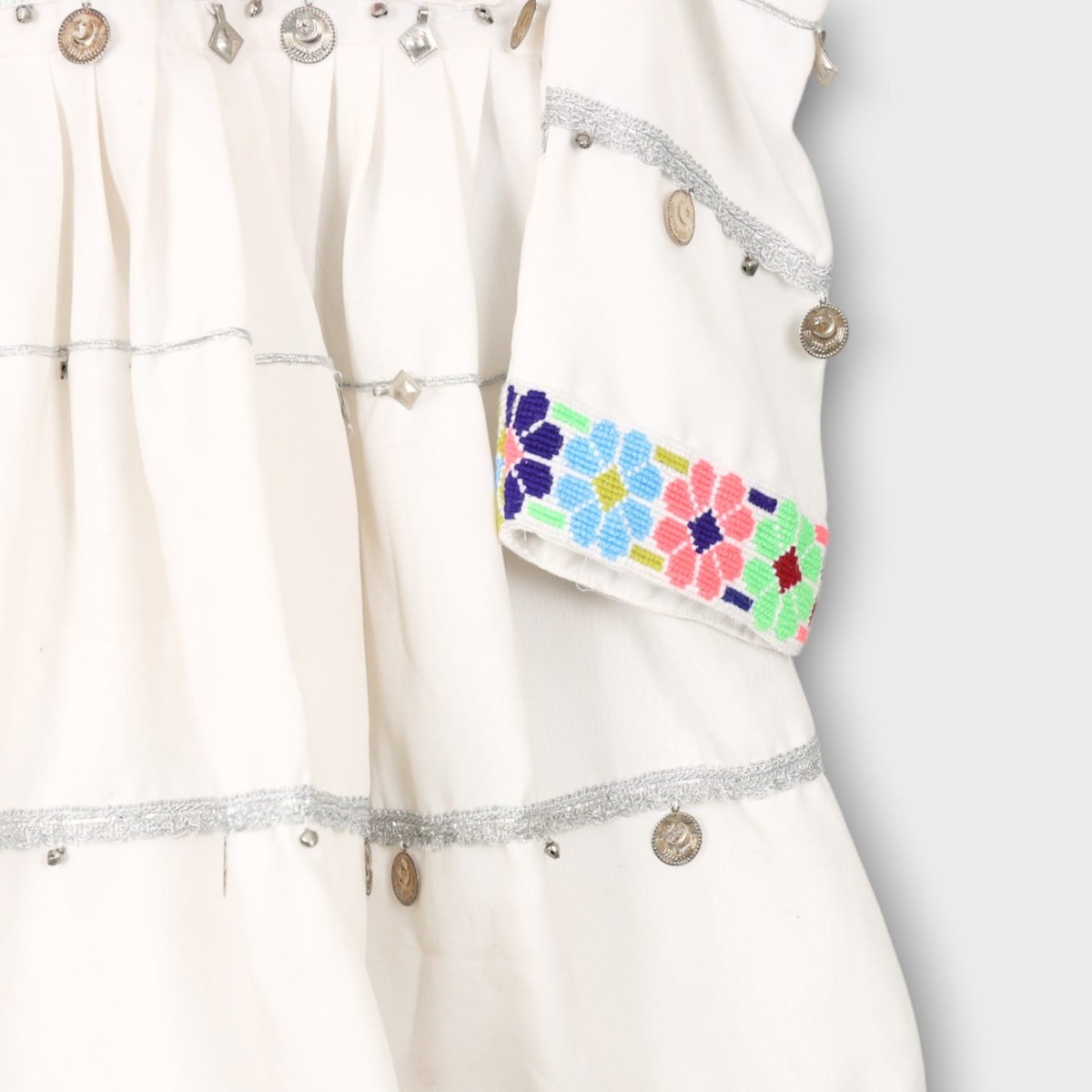 White Afghani Kids Dress with Colorful Embroidery and Blue Dupatta 2